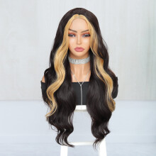 26-inch golvende lace front pruik met skunkstreep - Hoogwaardig synthetisch haar voor vrouwen, geschikt voor dagelijks gebruik, feestjes en Halloween