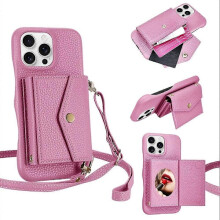Litchitexturerat horisontellt kortfickesfodral med långt snodd, rosa för iPhone 16