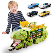 Christmas Clearance: Transforming Dinosaur Truck Toy with Race Track, 4 Cars, Double Transformation, Swallowing Feature & Storage, compatible with