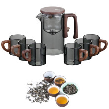 Tetera de vidrio con mango de madera e infusor, diseño de separación de agua, filtro colador para té.