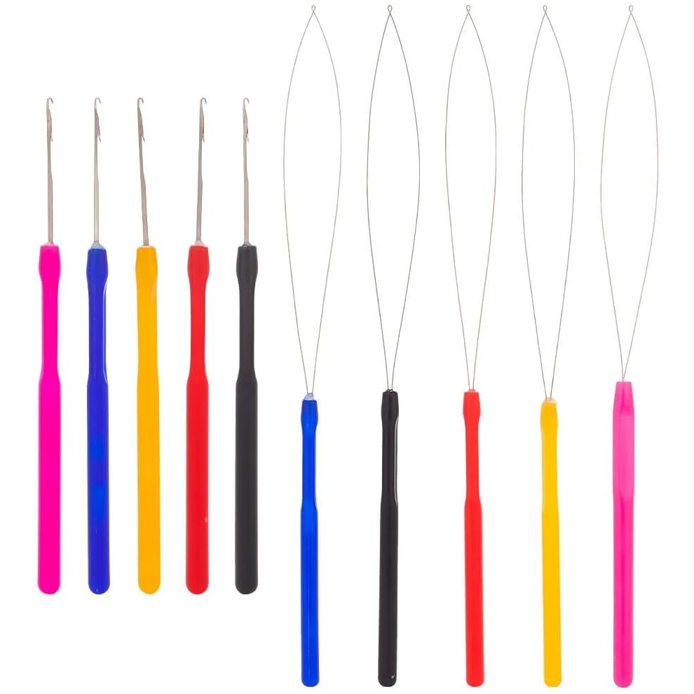 10pcs Stainless Steel Hair Extension Loop Needle Threader with Plastic Crochet Needle Pulling Hook Tool for Silicone Link Rings, Beads, Feathers &