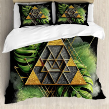 Monstera påslakanset, abstrakt bohotryck triangulärt geometriskt mönster med linjer och löv, 3-delat sängklädset kompatibelt med Fern Green Pale