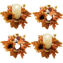 Couronnes de bougies d'automne (4 pièces), guirlande de citrouilles artificielles et de feuilles d'érable avec tournesols, pour piliers,