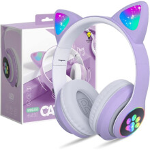 Bluetooth Headphones for Kids, Cute Cat Ears LED Lights, Flip-Up Design, Stereo Over-Ear with Mic & TF Card, Wireless, compatible with iPhone, Purple