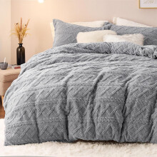 Fluffy Comforter Cover Set - Faux Fur Duvet Cover Queen Size, Grey Plush Quilt Cover, 3PC (Duvet Cover 90"x90" + 2 Pillow Shams), Compatible with