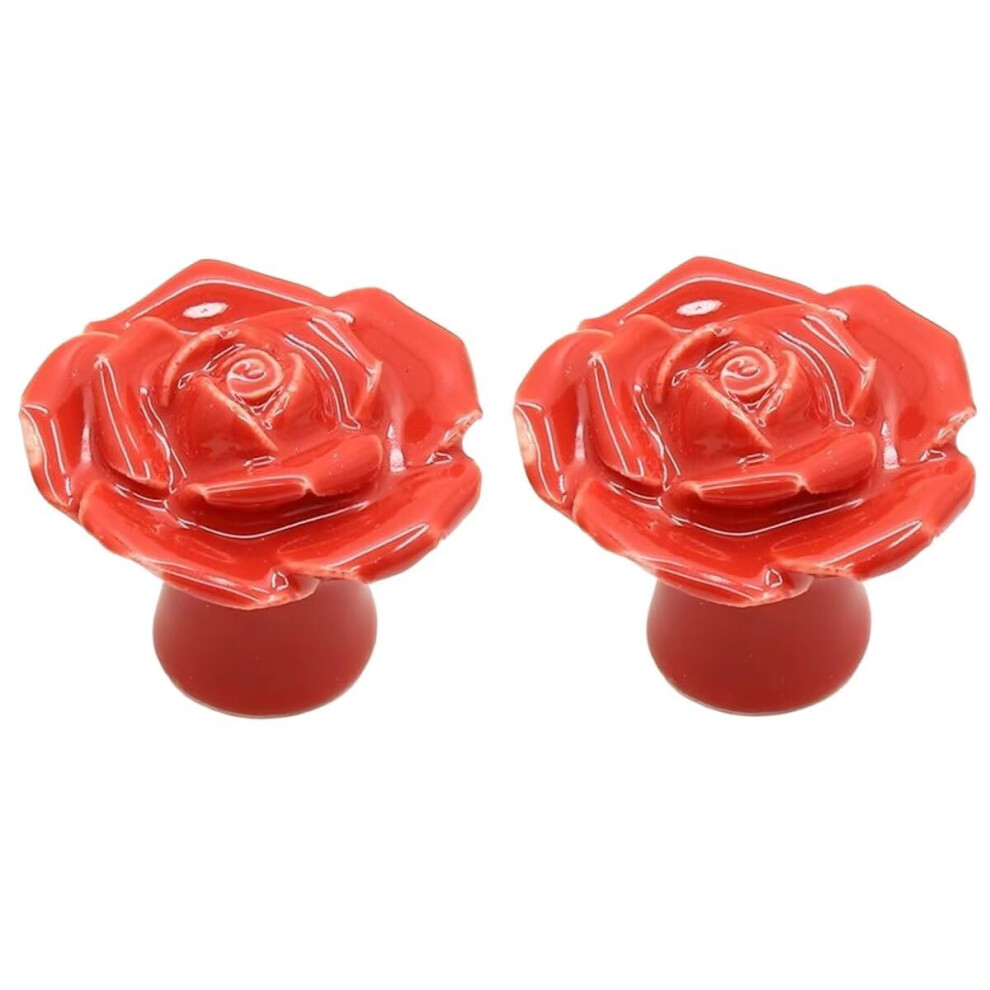 Red 2Pcs Ceramic Rose Cabinet Knobs Vintage Drawer Pulls Decorative Cupboard Handles With Screws