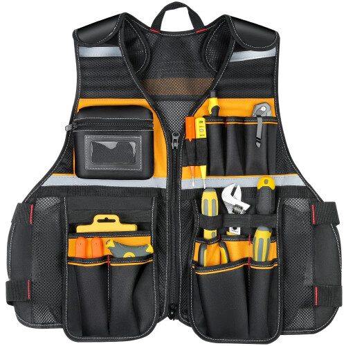 MultiPocket Tool Vest with Reflective Strips, Adjustable Oxford Work Vest Black and Yellow