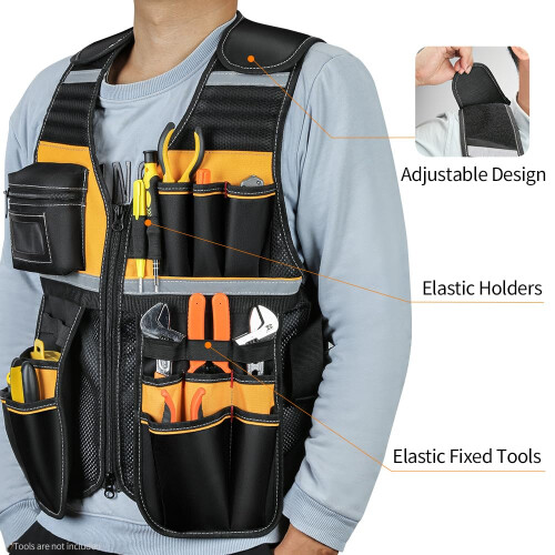 MultiPocket Tool Vest with Reflective Strips, Adjustable Oxford Work Vest Black and Yellow 2