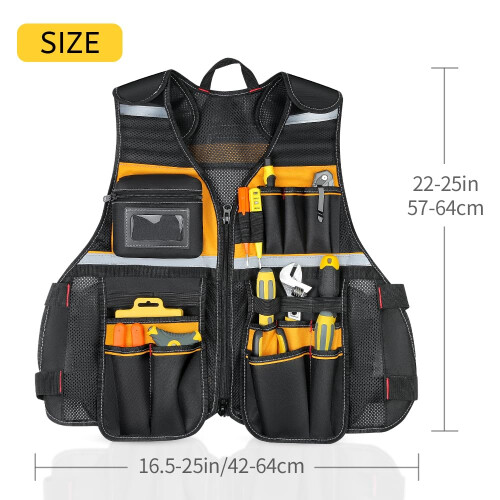 MultiPocket Tool Vest with Reflective Strips, Adjustable Oxford Work Vest Black and Yellow 1