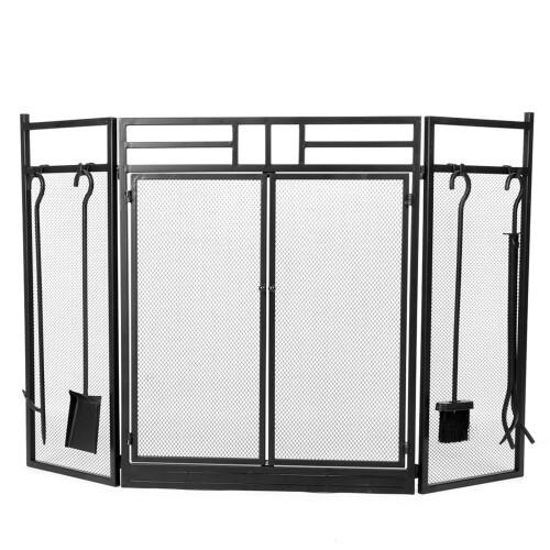 Wrought Iron Fireplace Screen Black 4 Panel Folding Safety Guard with RustResistant Coating