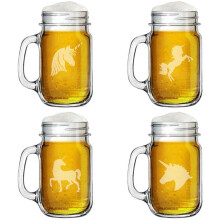 16oz Mason Jar Glass Mug w/Handle Gift Set of 4 Unicorn Collection