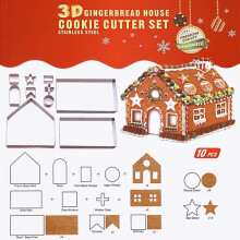 10pcs 3D Gingerbread House Cookie Cutters, Stainless Steel Baking Mold Set for Christmas Halloween Thanksgiving, with Gift Box