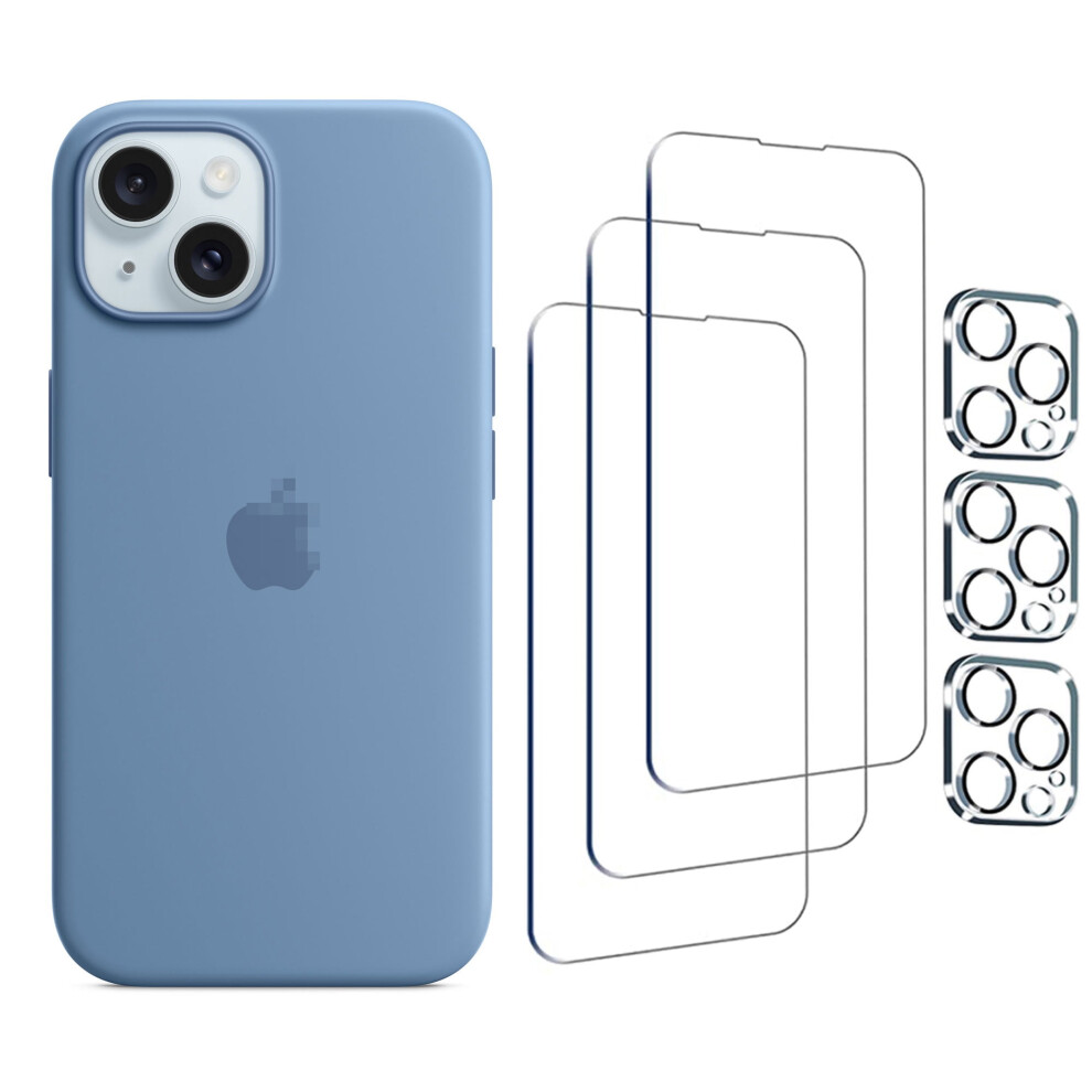 Compatible With Iphone 15 Silicone Phone Case With Magsafe 6.1"In (Winter ) And Protective Film*3 And Lens Protective Film*3 Blue 9071309725704