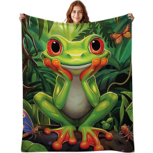 Couverture douce et confortable en flanelle avec motif grenouille verte mignonne, idéale pour adultes et enfants. Cadeau kawaii grenouille pour