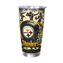 Gobelet isotherme en acier inoxydable 304, motif Steelers, avec couvercle et paille, 590 ml (20 oz), compatible avec les porte-gobelets de voiture,