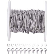 33 Fuß (ca. 10 Meter) lange, 2 mm breite Gliederkette aus Edelstahl 304 mit 20 Karabinerverschlüssen und 30 Biegeringen zur Schmuckherstellung