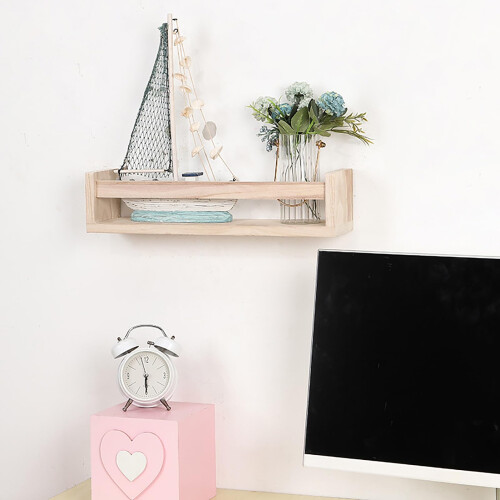 Solid Wood Wall Mounted Bookshelf, Drill Space Saving White Wooden Storage Rack Organizer 1