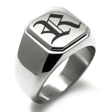 Tioneer Stainless Steel Letter R Initial Old English Monogram Engraved Square Flat Top Biker Style Polished Signet Ring