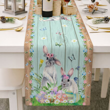 Chemin de table de Pâques 33 x 178 cm, style rustique, en coton et lin, motif bois de camion, rayures bleues, œufs de lapin, idéal pour un mariage