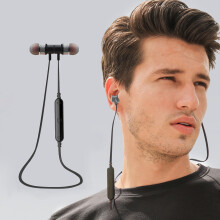 Avtoify Sport-Bluetooth-Headset, HiFi-Klang, Nackenbügel, magnetische Befestigung, In-Ear, Fernbedienung, Flachkabel, Schwarz