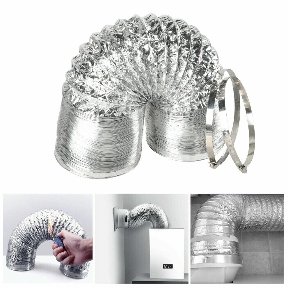 Wsyw 4 Inch X 25Ft Aluminum Ducting Dryer Vent Hose Hvac Exhaust Foil Non-Insulated, 2 Clamps Included, Silver 9110895235386