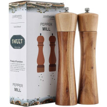 Wooden Salt & Pepper Grinder Set, 8" Acacia Wood with Ceramic Core, Adjustable Manual Mill, Compatible with Picnic, Parties, Restaurant (2 PCS)