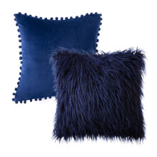 Phantoscope Designer Throw Pillow Set, Fluffy Faux Fur & Velvet, Pom Poms, 18"x18", Navy, 2 Pack