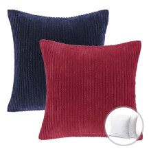 Ensemble de 2 coussins décoratifs de Noël Phantoscope, housses en velours côtelé rayé avec garnitures, 45 x 45 cm, rouge et marine.