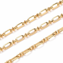 Catene a maglie in ottone da 5 m con bobina, saldate, placcate in vero oro 18 carati. Rettangolari: 9x4,5x1,5 mm. Maglie: 8x4 mm. Circa 5 m per