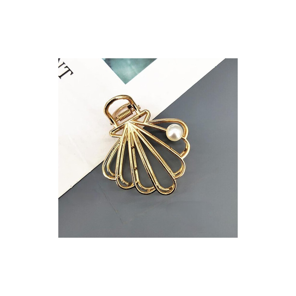 Handmade Plated Hair Clip Large Shell With Pearl One Size Gold 9071309736328