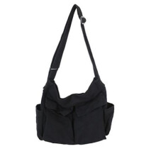 Große Canvas-Umhängetasche mit mehreren Fächern, lässige Schultertasche für Damen und Herren, Schwarz