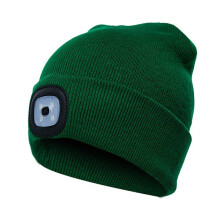 Bonnet Mordely en maille avec lumière LED intégrée, vert foncé, idéal pour le jogging et la randonnée.