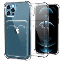 Stoßfeste Hülle mit Kartenfächern und verstärkten Ecken, kompatibel mit iPhone 15 Pro Max, transparent