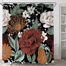 Boho bloemen douchegordijn 72x72 inch - Vintage botanisch bladmotief met haken, zwart, donkere badkamerdecoratie