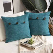 Housse de coussin décorative style ferme, mélange de coton, à triple bouton, 56 x 56 cm, bleu lac, lot de 2