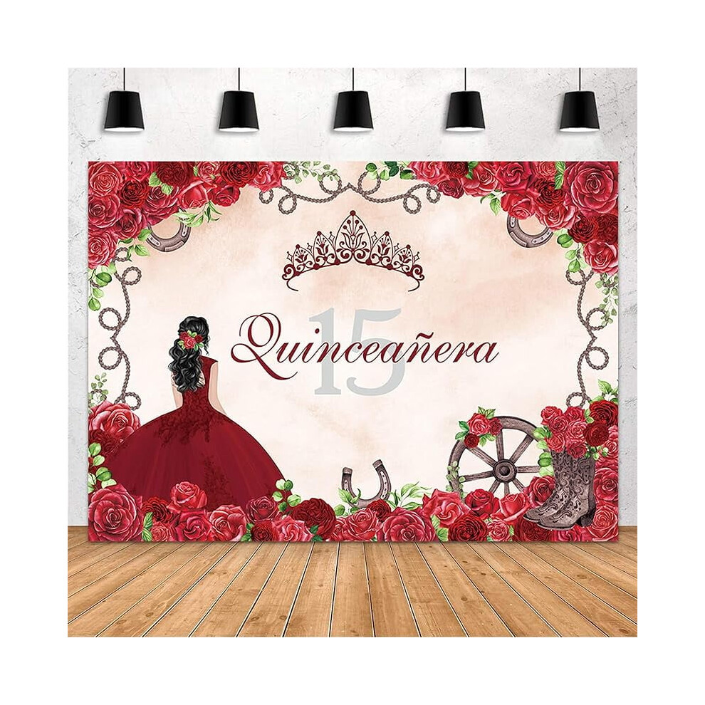 Western Cowgirl Quinceanera 15Th Birthday Backdrop, Floral Crown Boots Watercolor Photography Background, Horseshoe Decor Party Banner 9083649020913