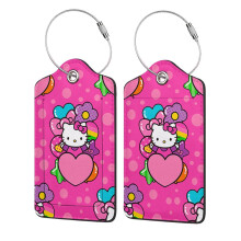 Hello Kitty 2Pc Stainless Steel Ring Leather Luggage Tags, Waterproof ID Holder, Compatible with Travel Accessories, 2.9" * 4.6"