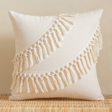 YCLife Boho Throw Pillows 18"x18" Rustic Farmhouse Tassel Decor, White, 1 Pack - Under $10, compatible with farmhouse home decor