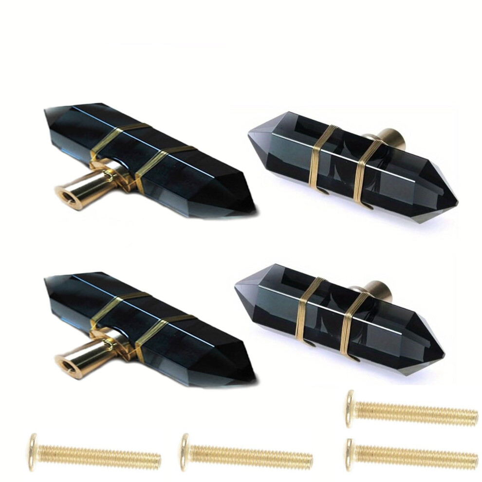Acrylic Cabinet Knobs With Brass Base, Black Crystal Hexagon Handles For Modern Drawer And Closet, 4Pcs 9113335060173