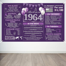 Décorations violettes pour un 60e anniversaire (1964), bannière de fond « Retour en 1964 » (1,80 m x 1,10 m), articles de fête pour une