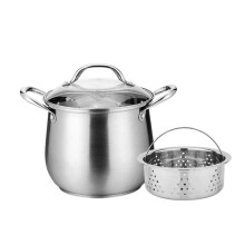 Stainless Steel Stock Pot 24cm with Steamer and Glass Lid, Induction and Gas Stove Compatible