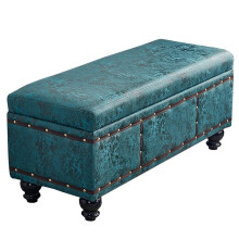 Storage Ottoman Bench Leather Footstool with Hidden Storage Solid Wood Legs for Living Room Bedroom Blue 60x40x45cm