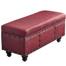 Leather Storage Ottoman Footstool with Solid Wood Legs for Living Room Bedroom Entryway, Red 60x40x45cm