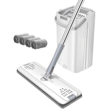 Flat Mop and Bucket Set with Wringer, Hands SelfCleaning, Wet and Dry Use, 4 Microfiber Pads