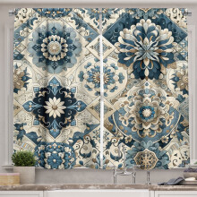 Rideaux de cuisine ethniques Ambesonne, motif mosaïque inspiré des azulejos, 140 x 76 cm, blanc cassé et bleu cadet