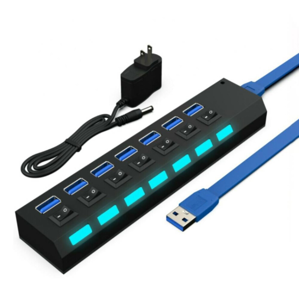 Powered Usb Hub 3.0, 7-Port Usb Data Hub Splitter Power Adapter Usb Extension For Macbook, Mac Pro/Mini And More Black 9425574868411