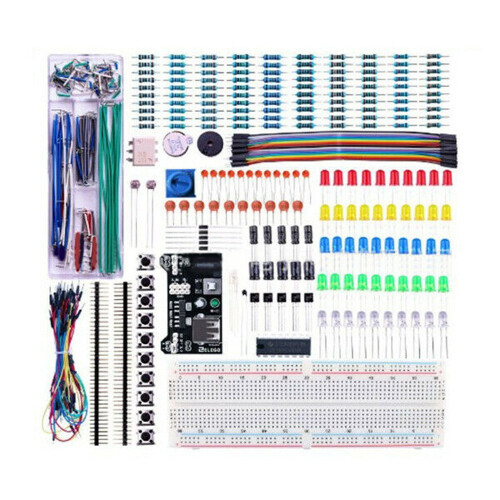 Kit base per componenti elettronici con breadboard a 830 punti di connessione e alimentatore.
