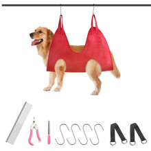 Pet Grooming Hammock Harness for Cats & Dogs, compatible with grooming table, includes clippers, trimmer, comb, file, for bathing, ear/eye care, Red