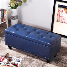 Luxury Faux Leather Ottoman Bench with Hidden Storage, ButtonTufted Seat for Living Room, Entryway, Dark Blue 80x40x43cm