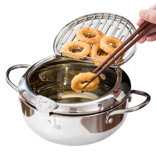 Deep Fryer Pot with Thermometer and Lid, 304 Stainless Steel Small Fry Pan with Oil Drip Rack 2.2L